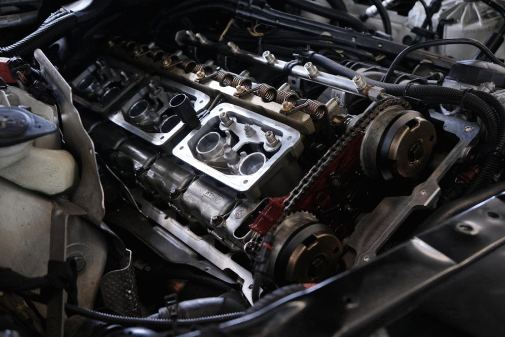 Close-up of a car engine showcasing various intricate parts and components in detail.