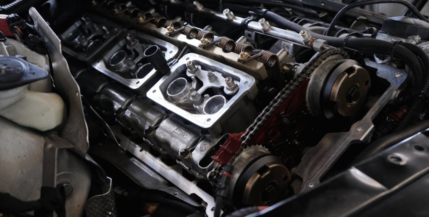 Close-up of a car engine showcasing various intricate parts and components in detail.