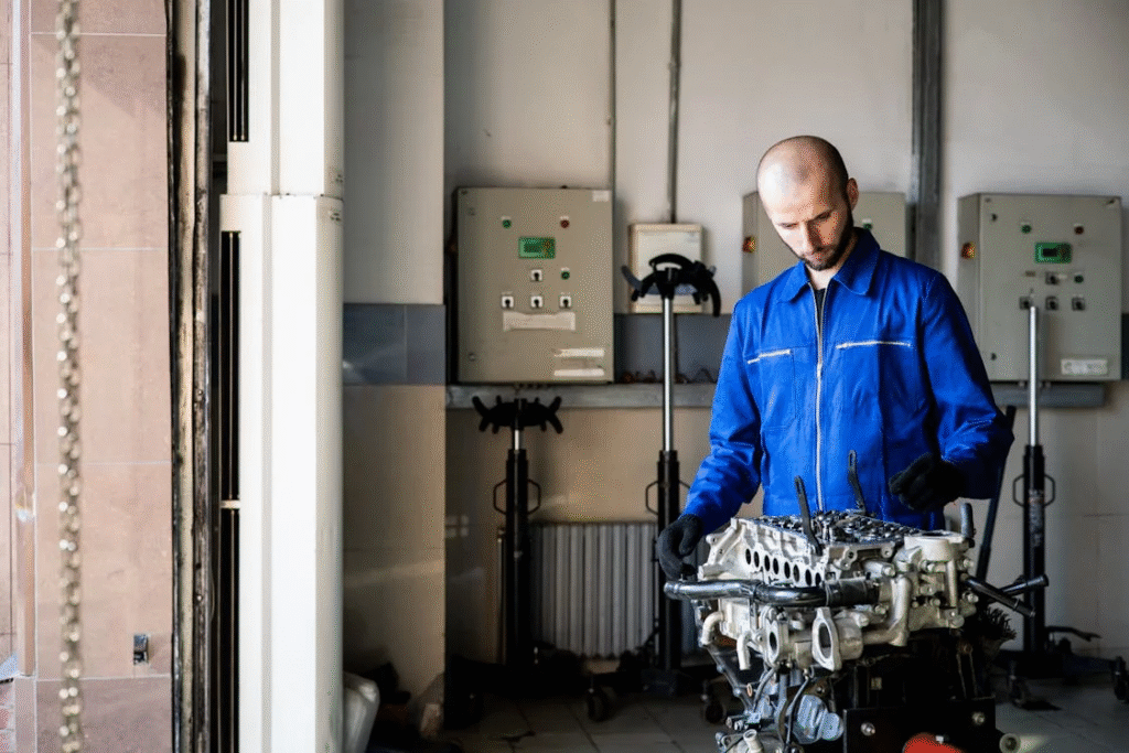 A man in a blue jacket stands beside a car engine, examining its components with a focused expression.